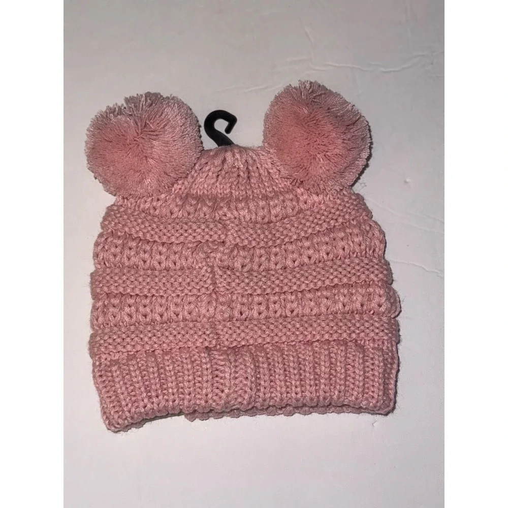 CC Baby Pink Cable Knit Beanie Double Pom Pom Winter Hat New NWT